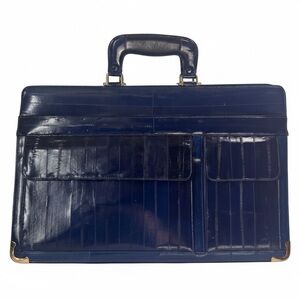 EEL Skin Vintage 80s Leather Laptop Bag Pockets Satchel Zip Brass Briefcase Cell